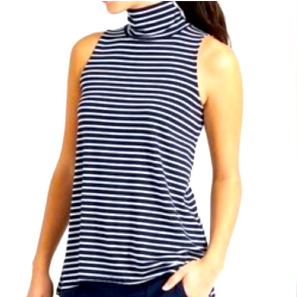 Athleta Mock Neck Navy Blue & White Striped Sleeveless Top Yoga Tank Tunic - Picture 2 of 5